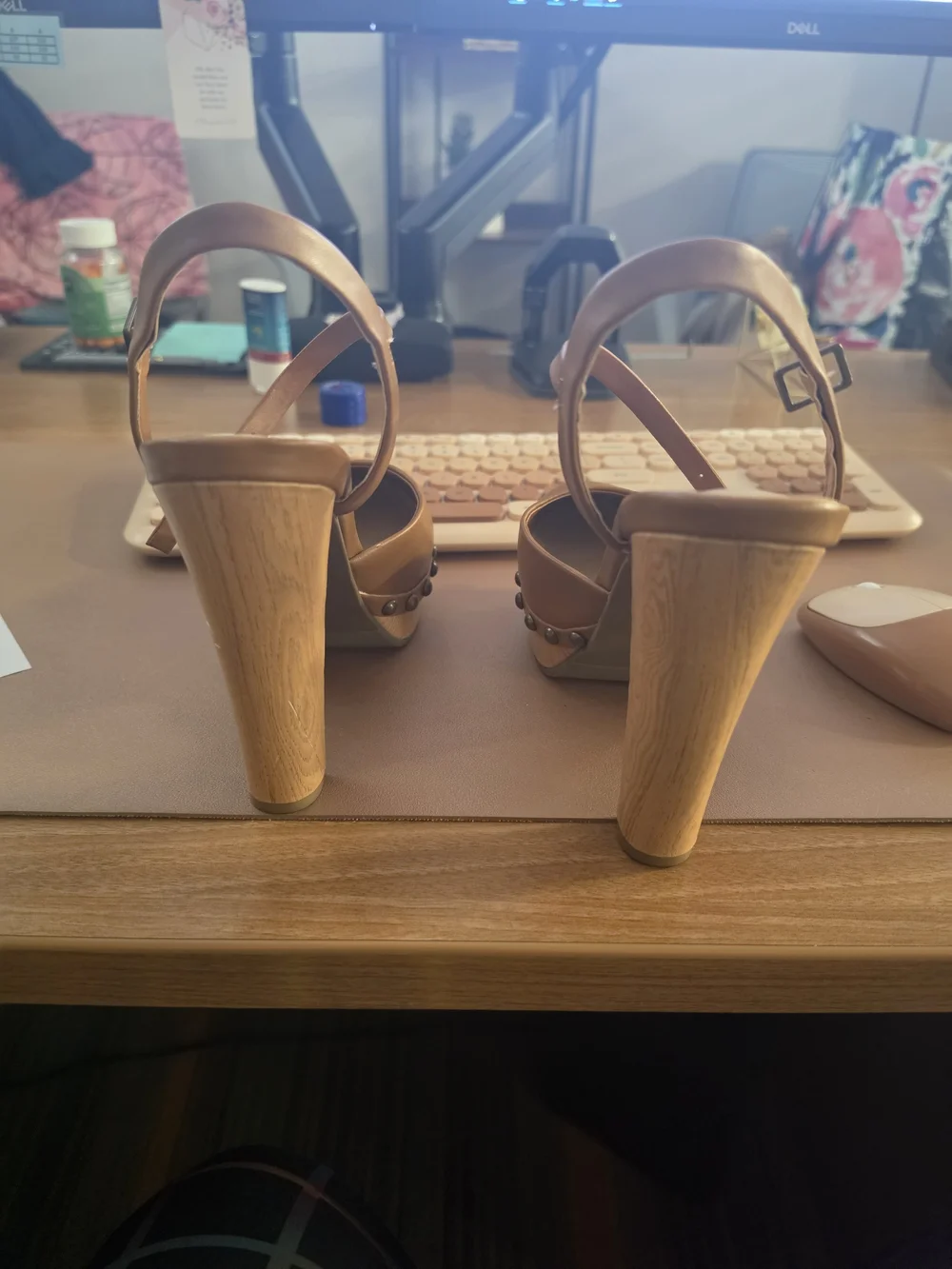 Fashion Nova Cognac Platform Heel Sandals with Studded Trim